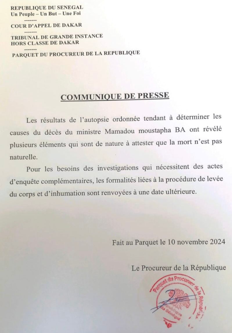 Mort suspecte du ministre Mamadou Moustapha Ba: le procureur de la République ouvre une enquête