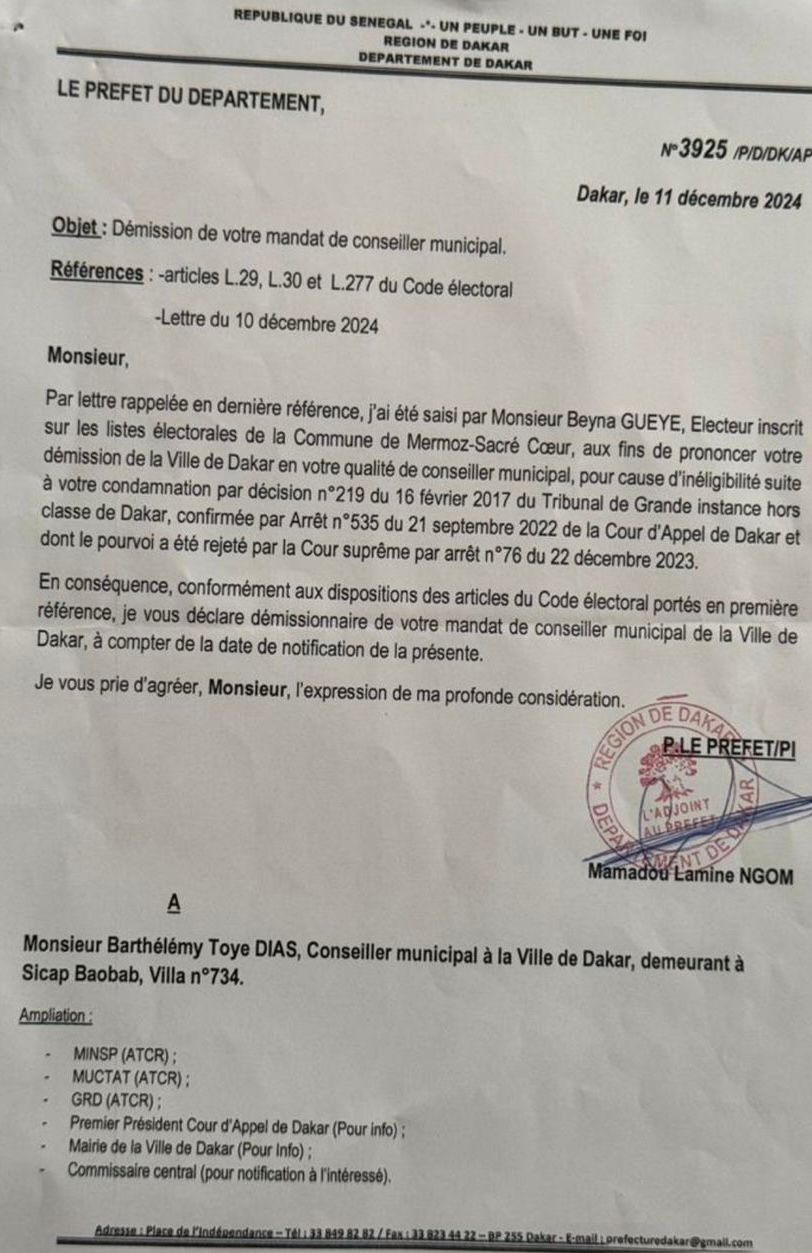 Barthélémy Dias révoqué par le préfet de Dakar